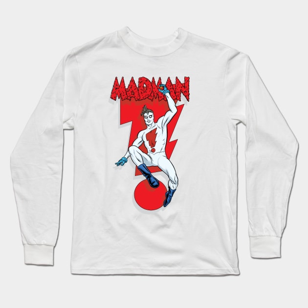 MADMAN Bolt Leap with Shadow on white Long Sleeve T-Shirt by MICHAEL ALLRED